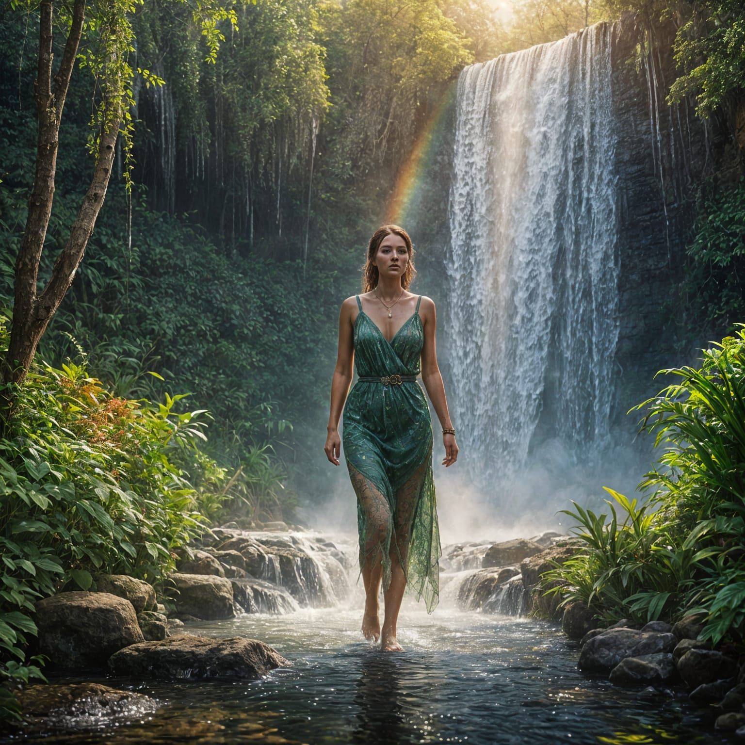 Hyperrealistic Woman Walks Through Waterfall Shower