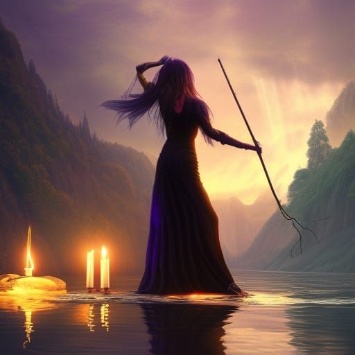 Enchanting Witch with Flute in Fantasy Night