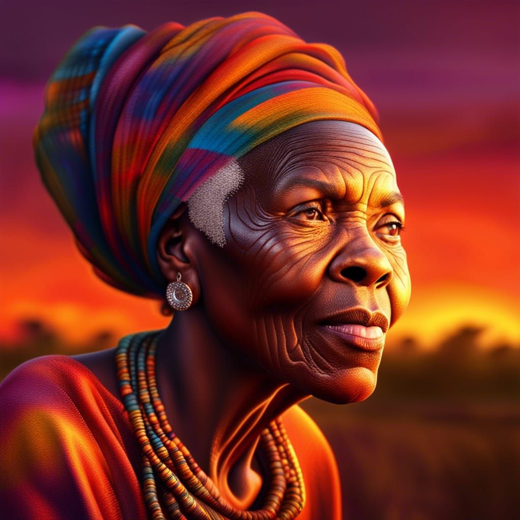 Beautiful African Woman in Colorful Savannah Sunset