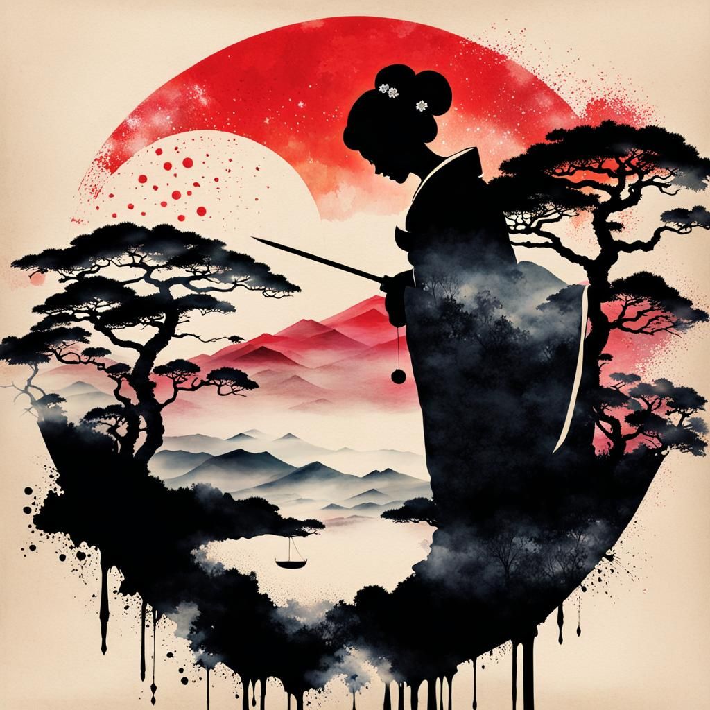 Geisha Gazing at Landscape in Ink Splatter Style