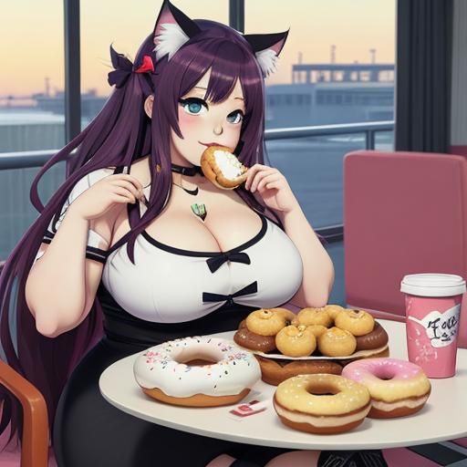 Anime Girl with Cat Features Eating Donuts