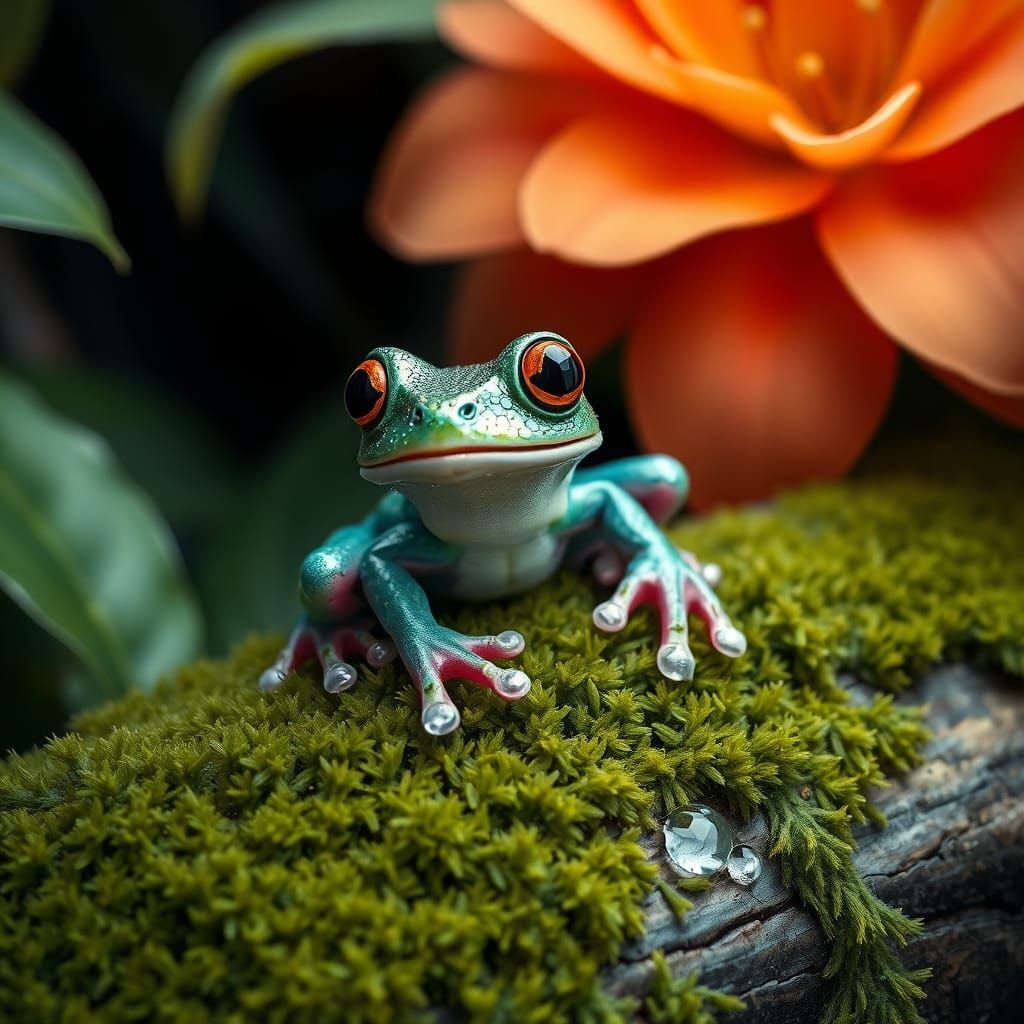 Sequined Baby Frog in Whimsical Tropical Landscape
