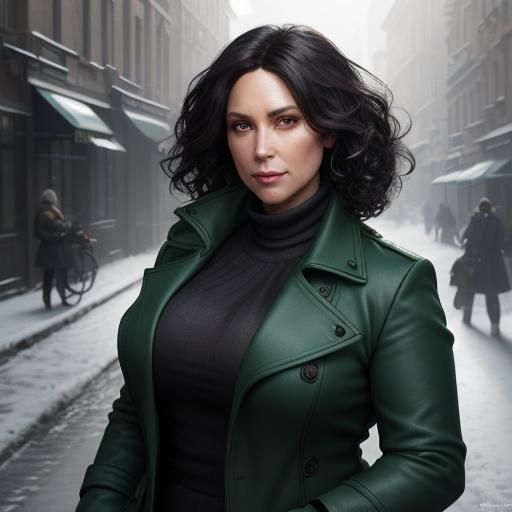 Curvy Lady in Green Coat, Art Nouveau Portrait