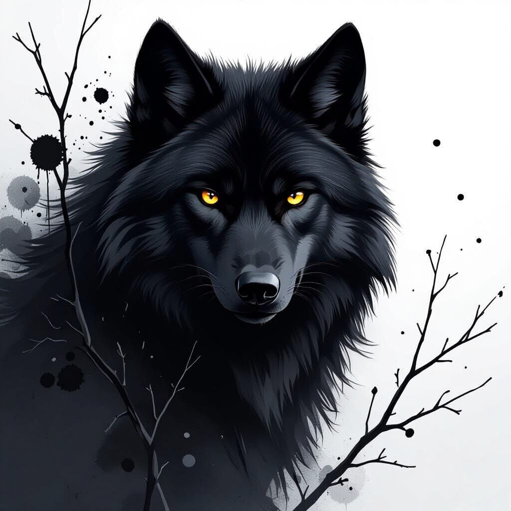 Dramatic Black Wolf Portrait in Minimalist Style