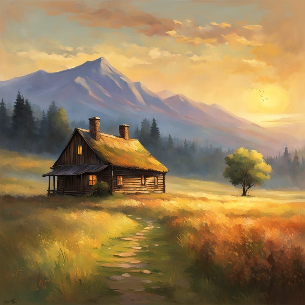 Serene Sunset Over Rolling Meadow Cabin Landscape