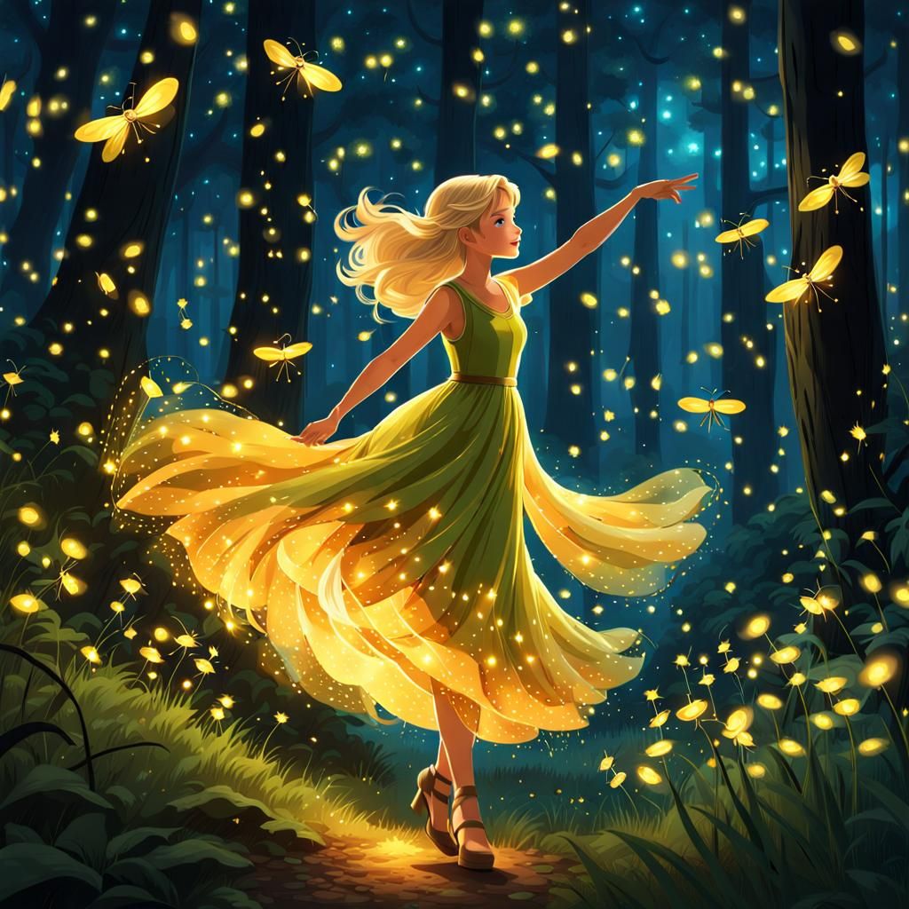 Magical Firefly Forest Scene with Dancing Girl