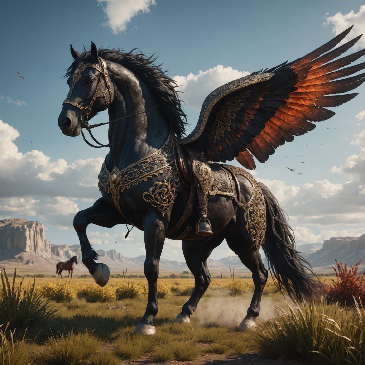 Mythological Winged Horse in Wheat Field, Digital Painting