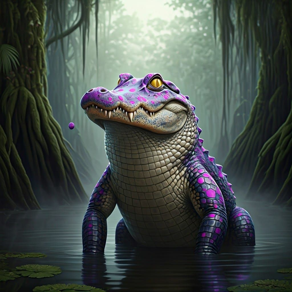 Anthropomorphic Alligator with Purple Polka Dots in Misty Sw...