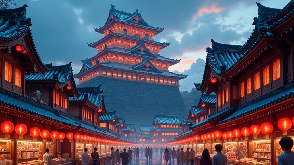 Japanese Castle with Lanterns and Two-Tailed Foxes