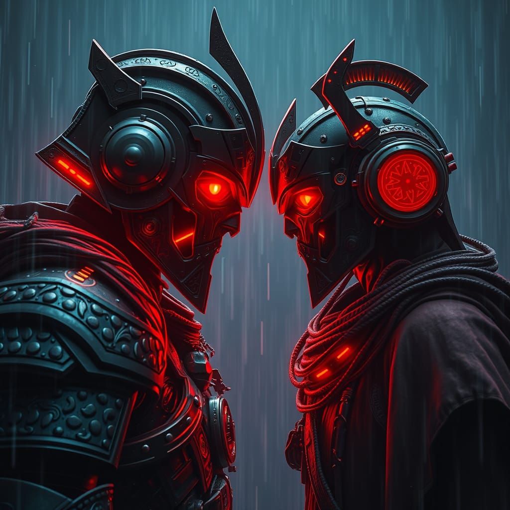 Warrior and Cyber-Oni Face Off in Rain