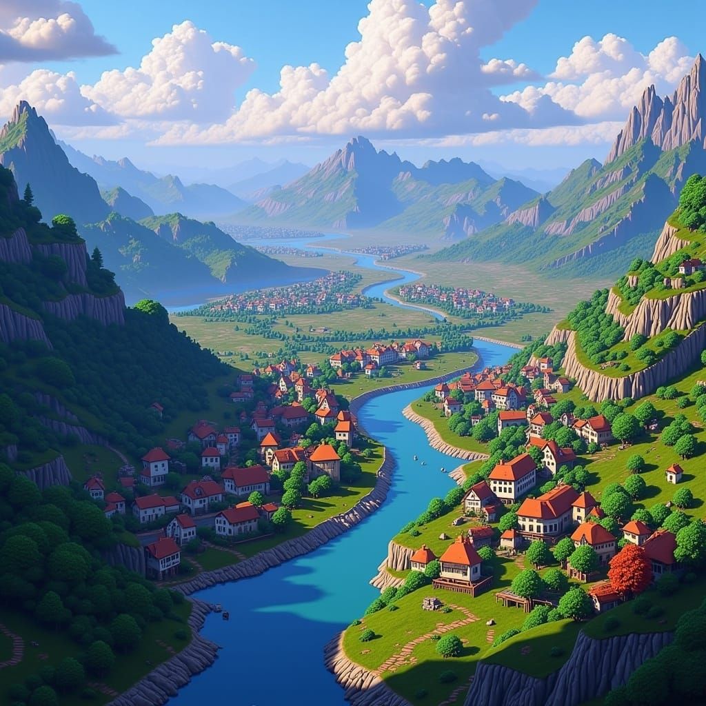 Rural Town Aerial View as Pixel Art