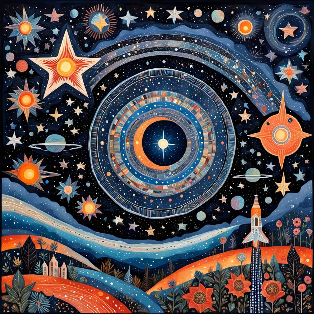 Whimsical Night Sky with Shooting Star, Detailed Artwork