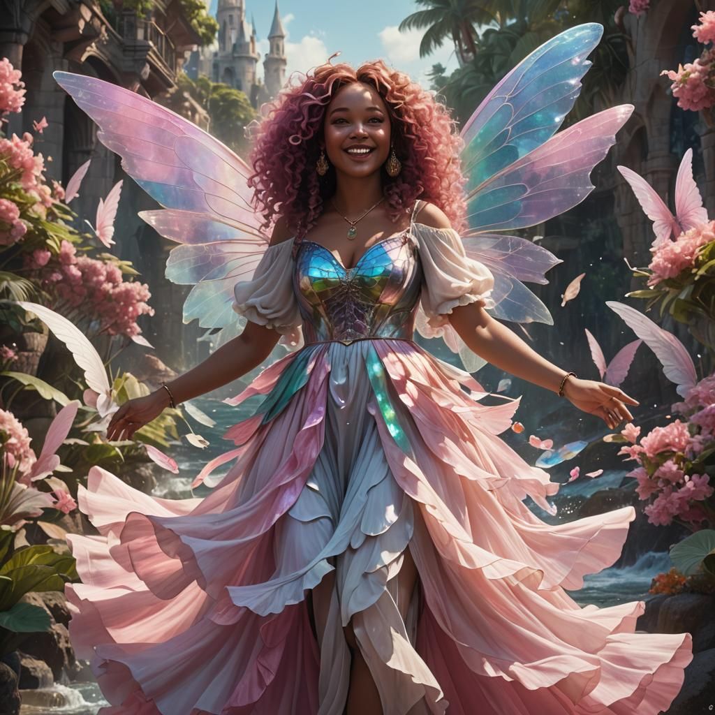 Plus-Size Fairy Woman with Pink Curls by the Ocean