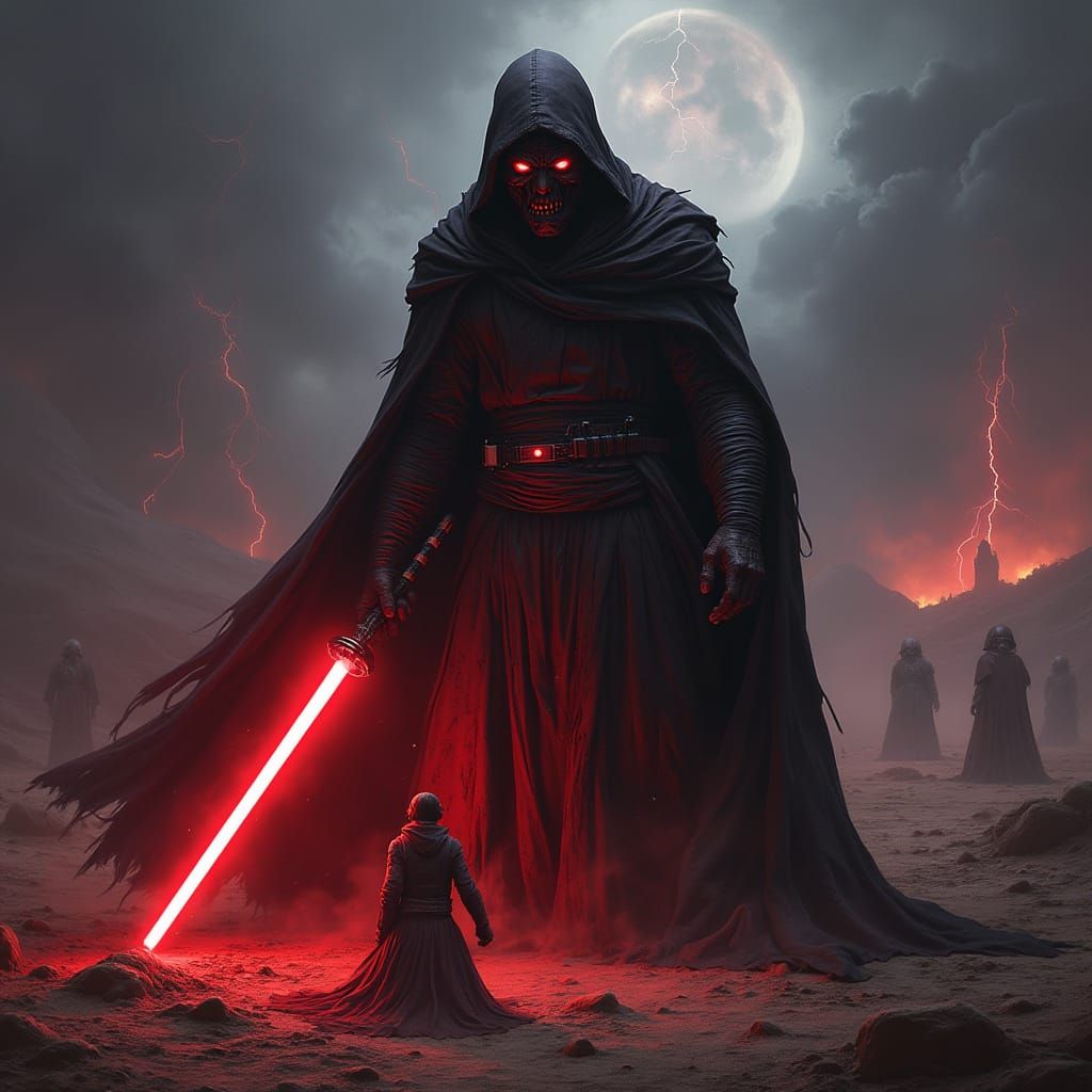 Sith Lord Kneeling Before Altar with Red Lightning