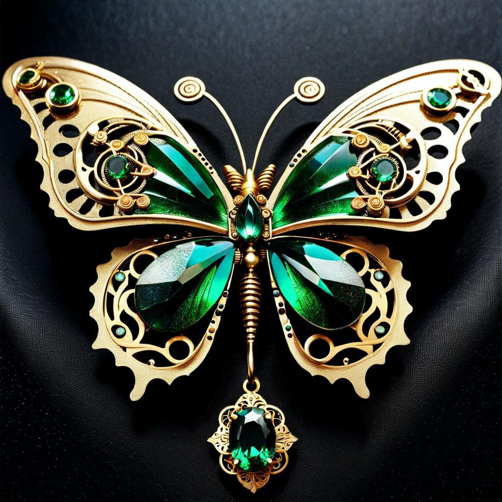 Steampunk Butterfly with Emerald Wings on Rose
