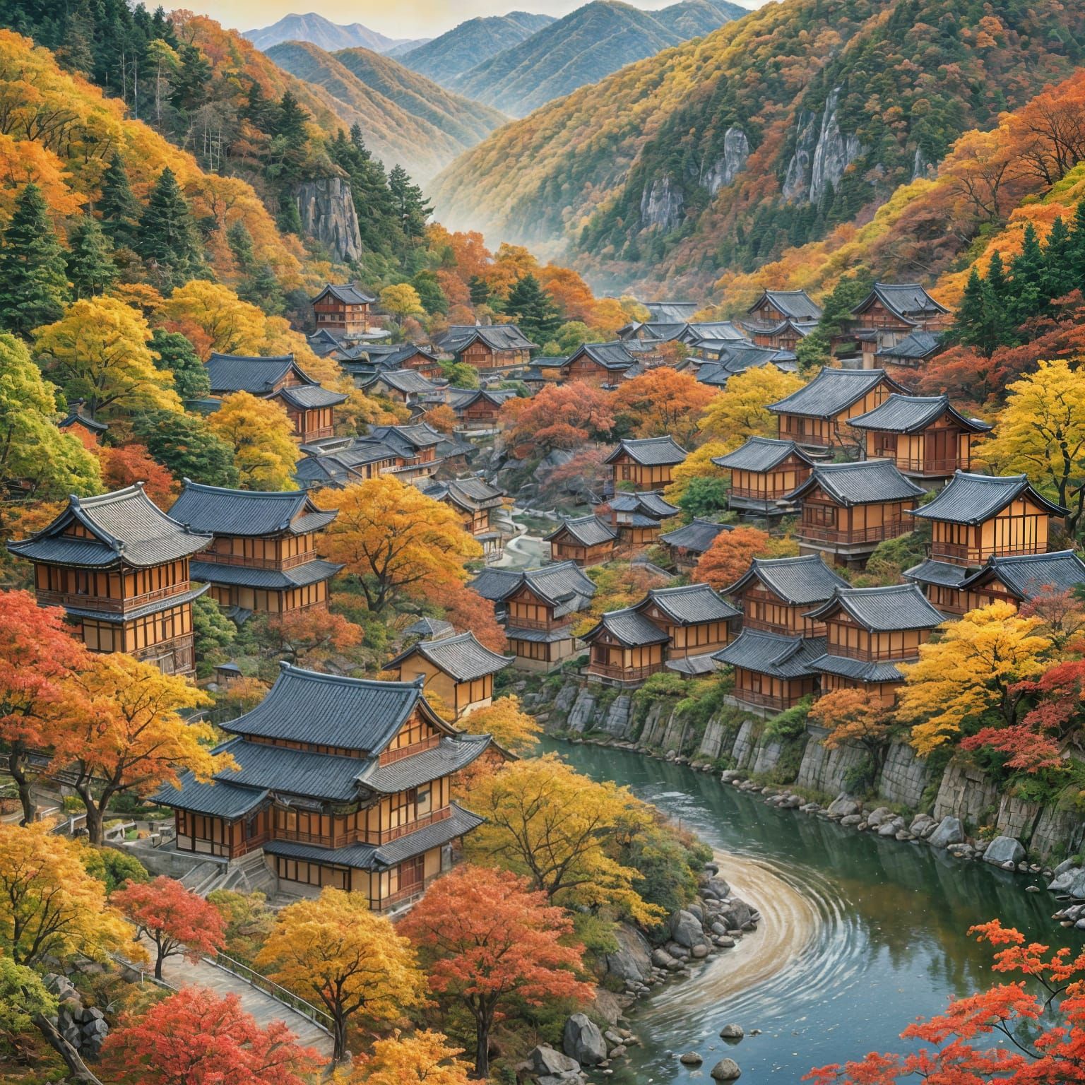 Autumn in Japan as Gouache Impressionist Painting