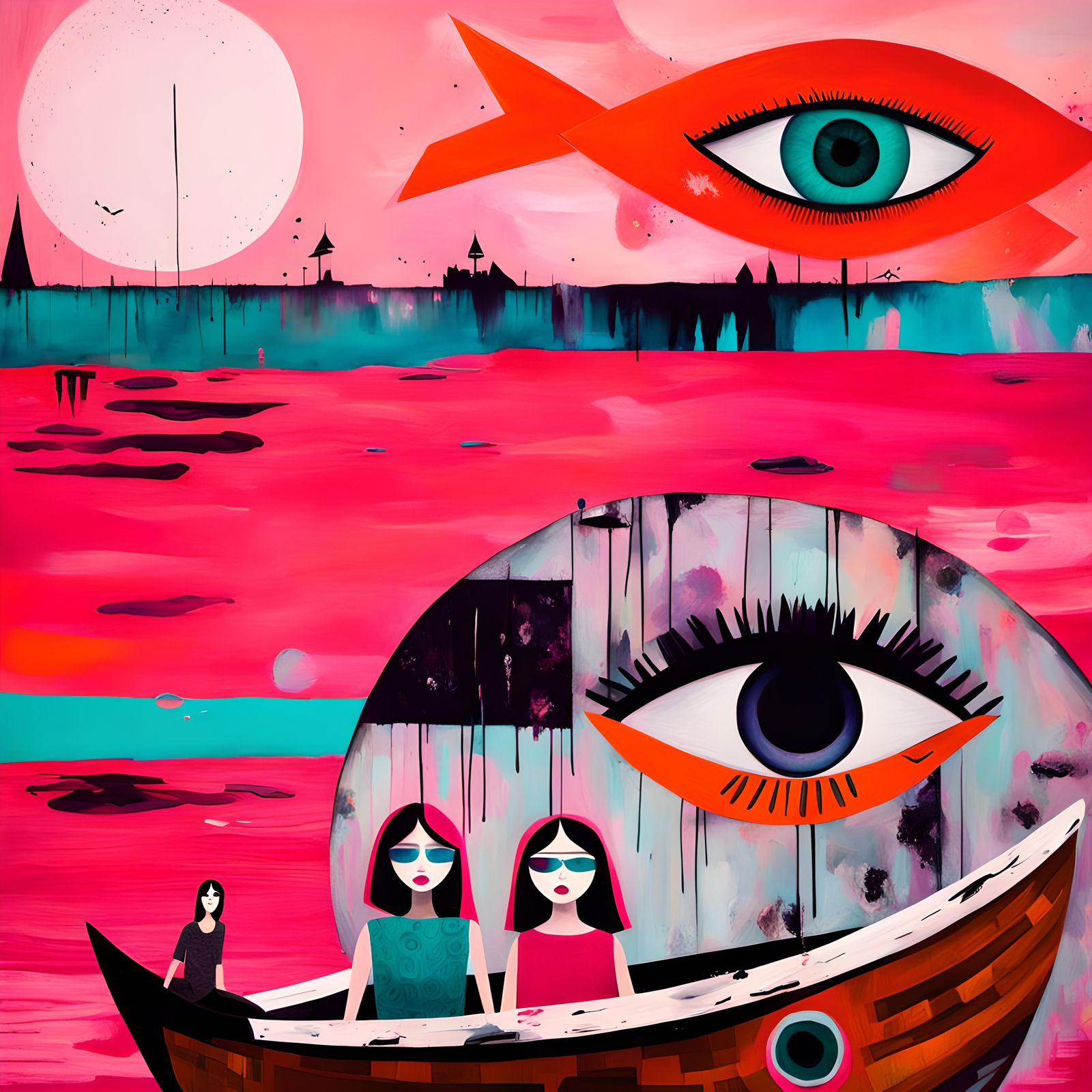 A large eye floating in the sky, two girls in a boat, pink b...