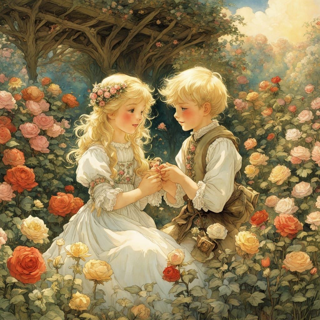 Innocent Siblings in Radiant Rose Garden