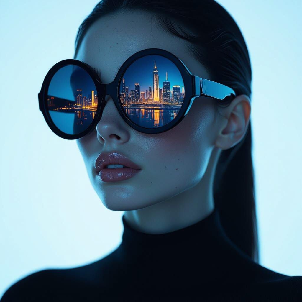 Futuristic Portrait with Megacity Reflection