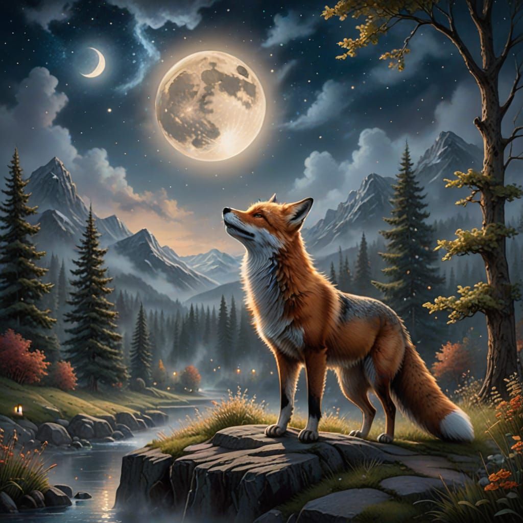 Lone Fox Howling at Ethereal Moonlit Night