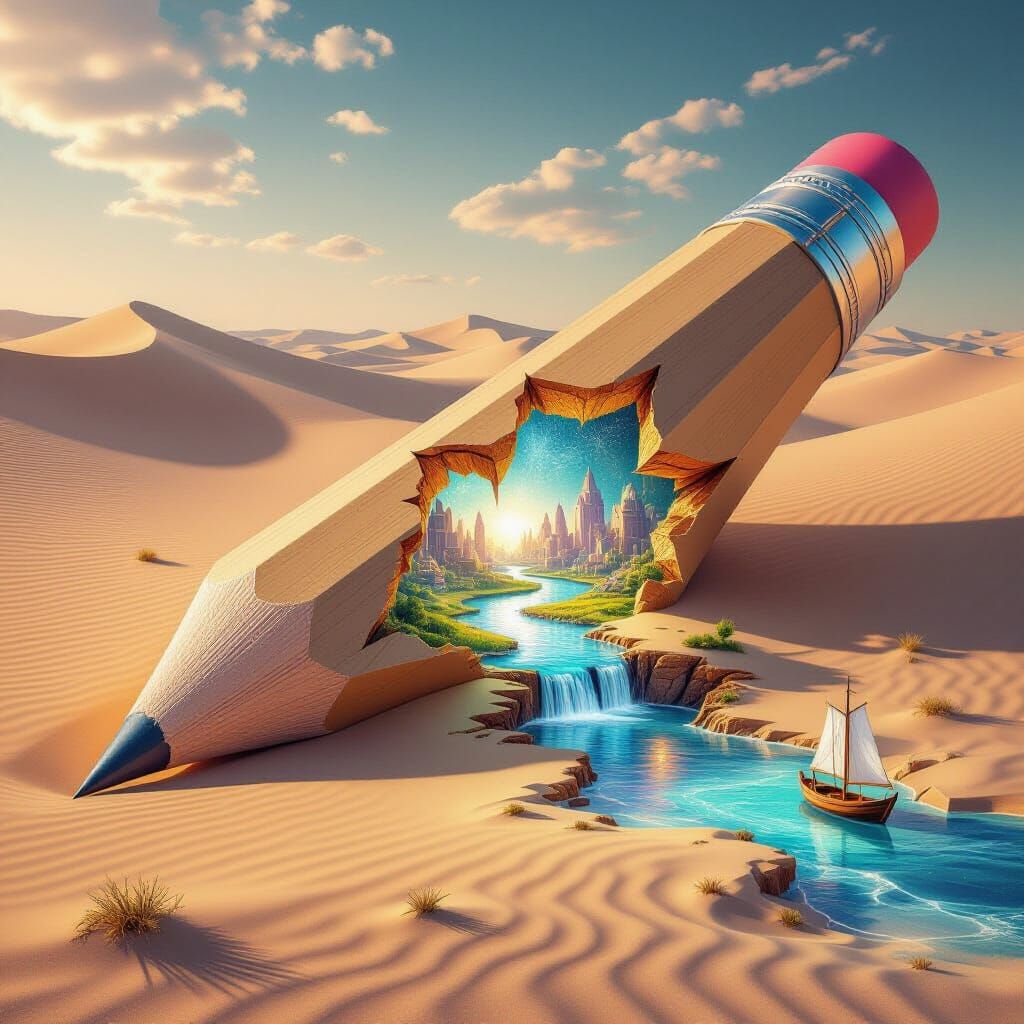 Giant Pencil Revealing Inner World in Desert Landscape