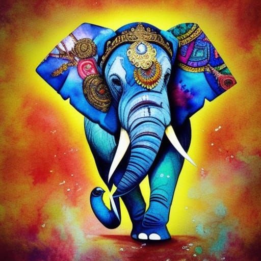 Elephant in Battle Regalia, Watercolor Mandala