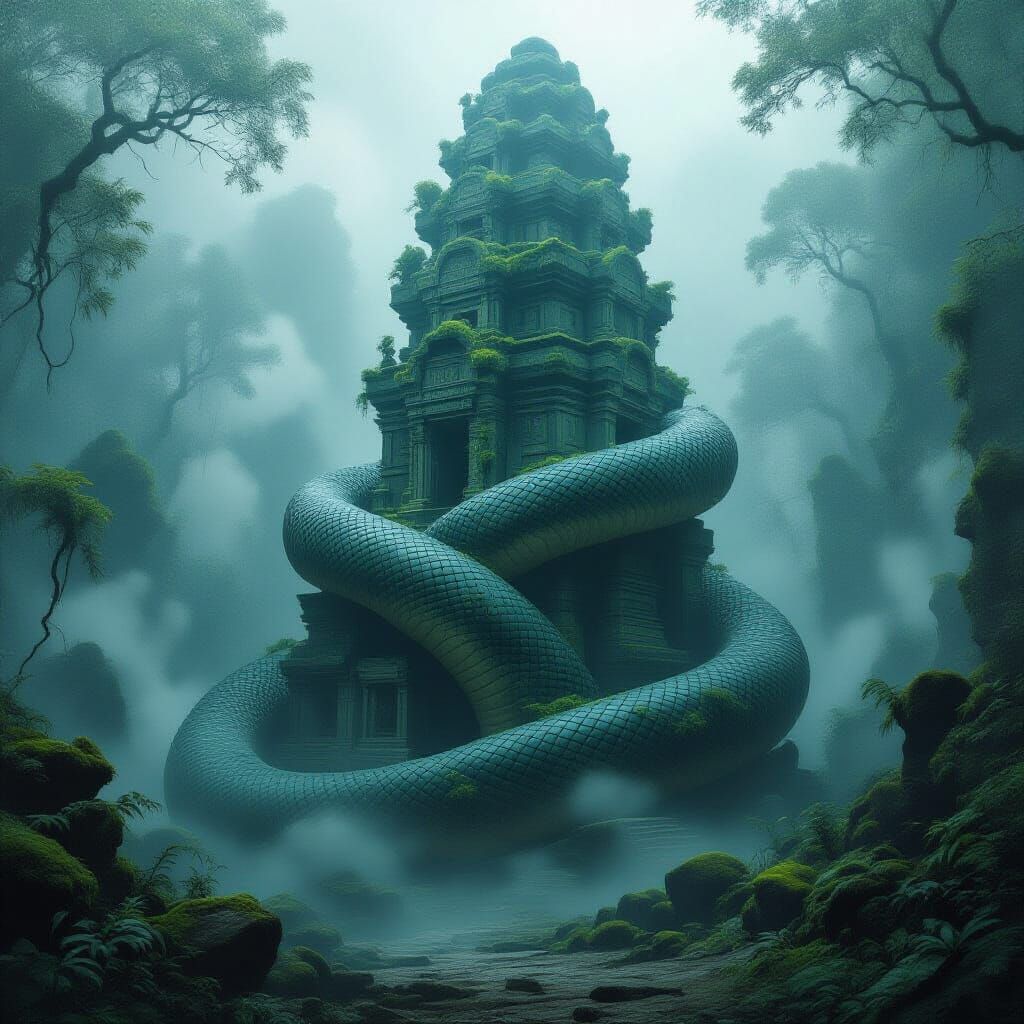 Ancient Serpent Temple in Misty Forest