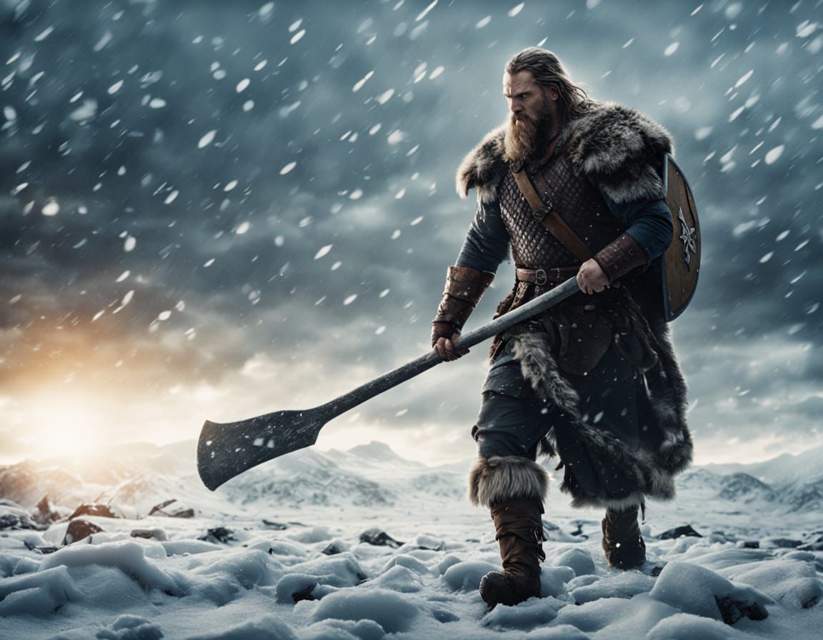 Fierce Viking Warrior on Snowy Battlefield