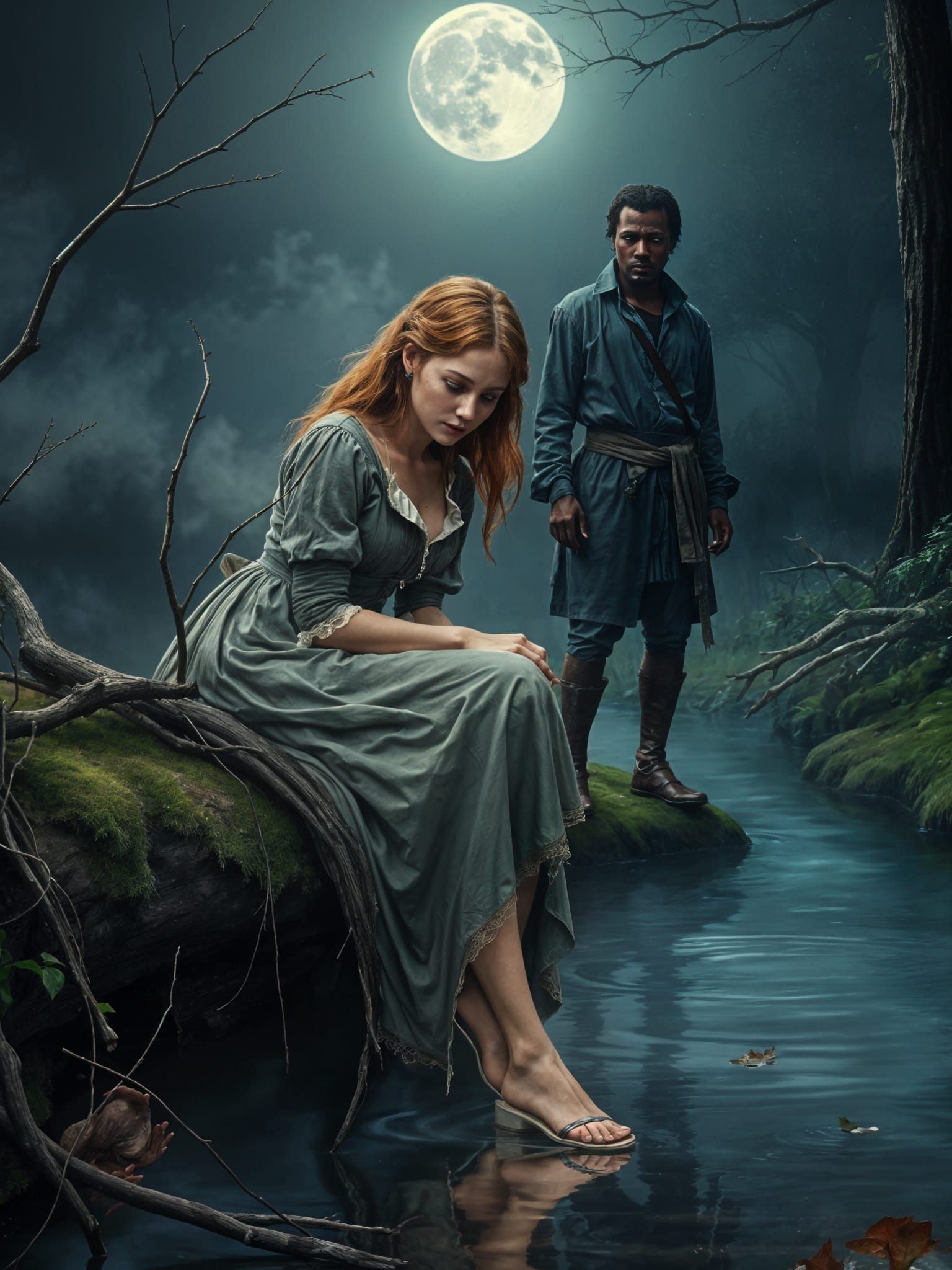 Colonial Creekside Encounter in Moonlight