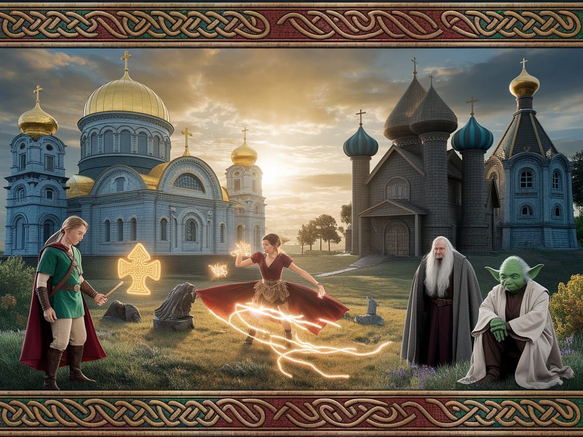 Fantastical Cathedral Landscape with Mythical Heroes