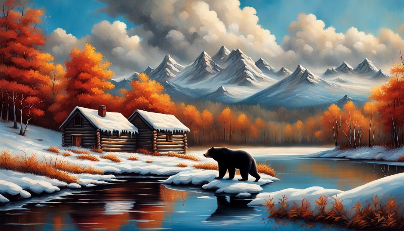 Winter Landscape with Bear in Graffiti Art Style