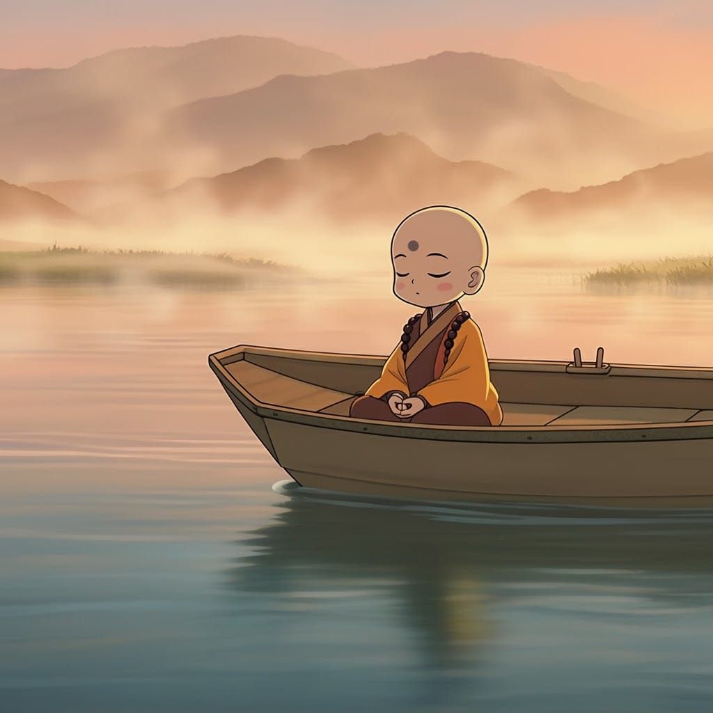 Cute Taoist Monk Meditating on a River in Anime Style