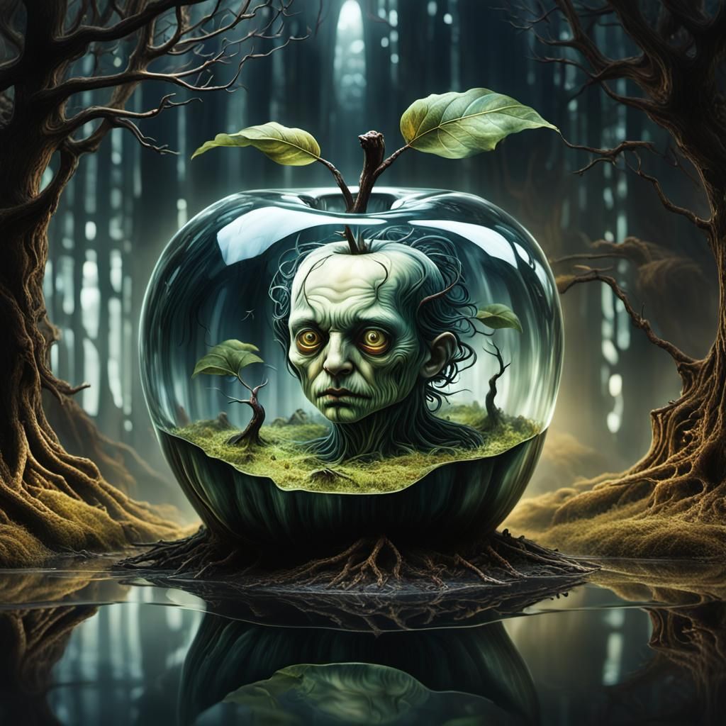 Distorted Face Reflected in Glass Apple