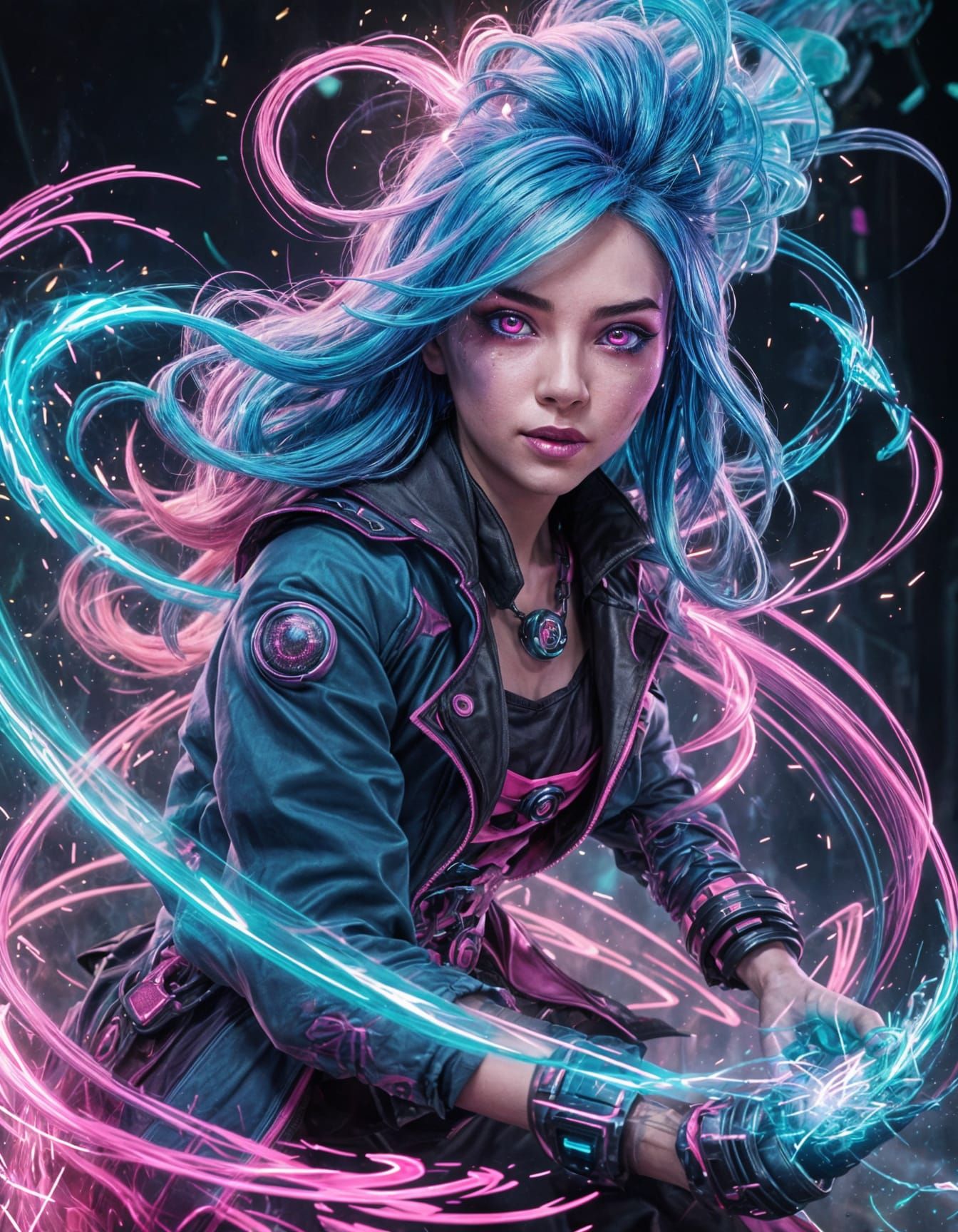 Jinx from Arcane in a Whirlwind of Neon Smoke