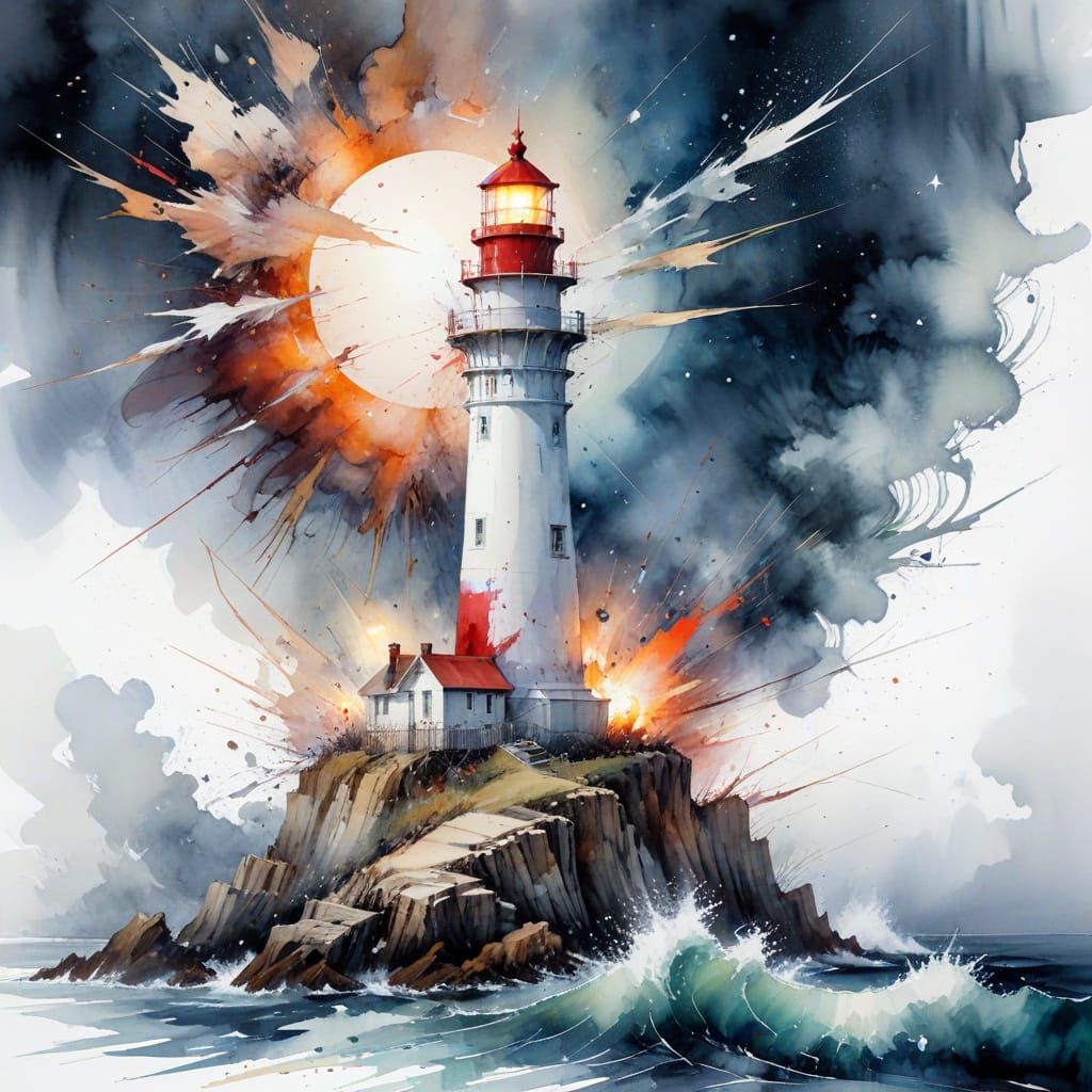 Ethereal Lighthouse Amidst Bloodmoon Chaos
