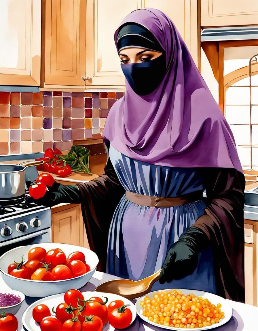 Niqabi Woman Preparing Meal, Guache Painting
