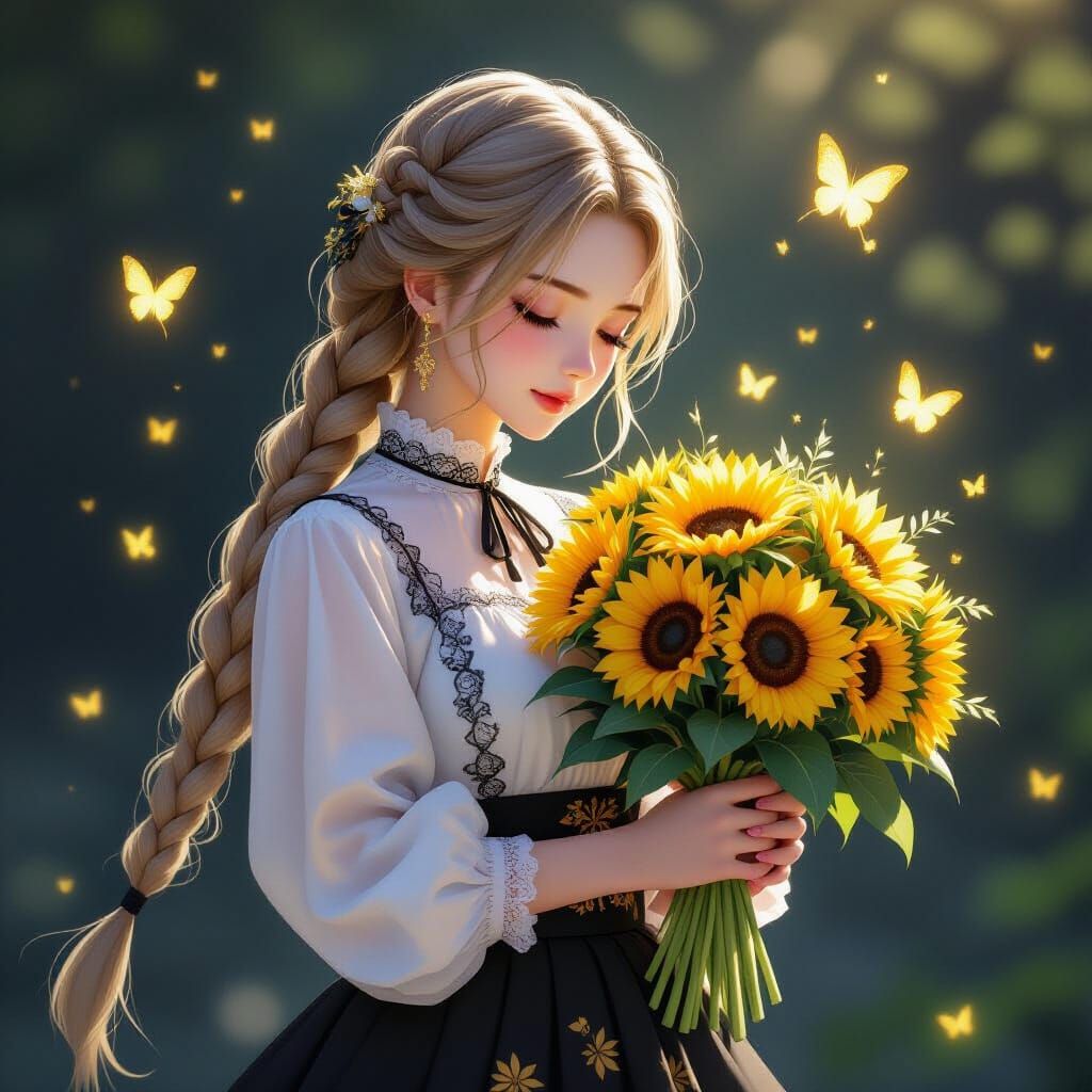 Anime Woman with Sunflowers and Golden Butterflies