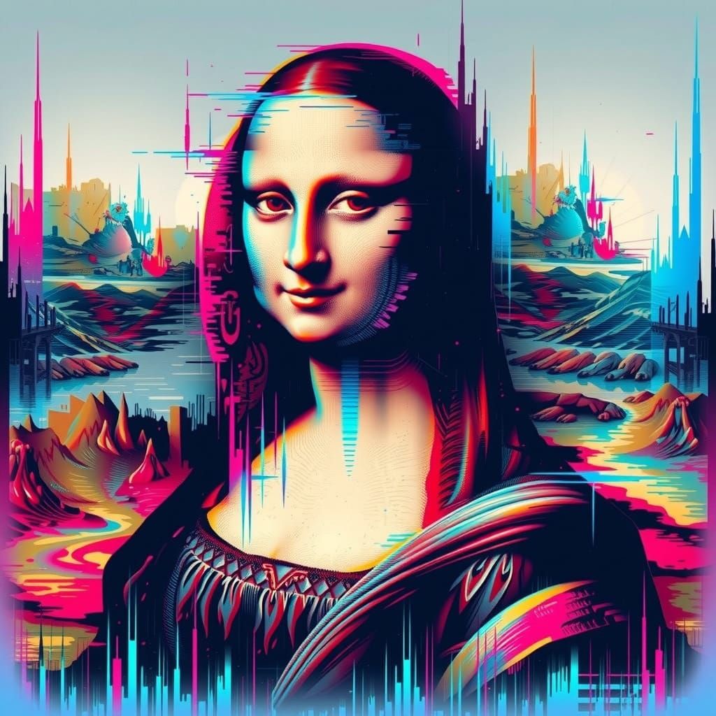 Mona Lisa Glitch Art Portrait in Futuristic Style