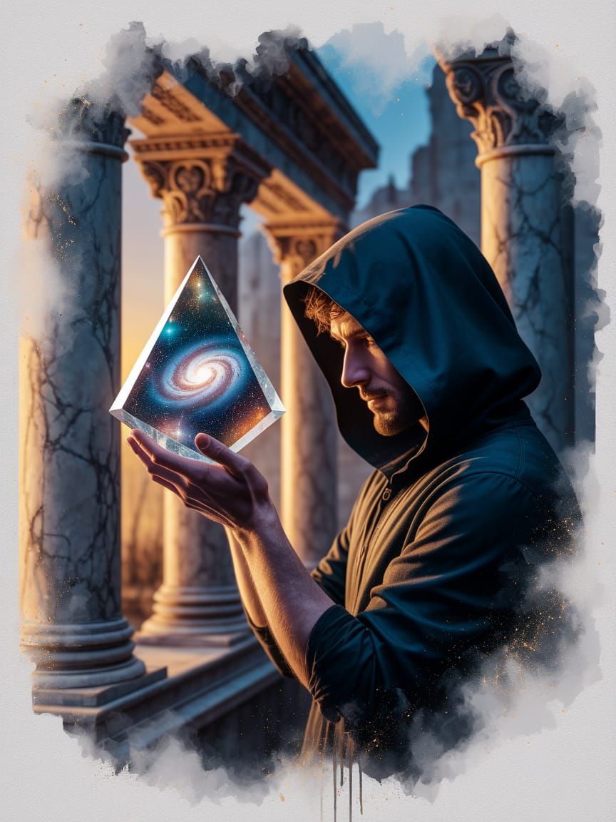 Magician with Galaxy Crystal, Watercolor Painting