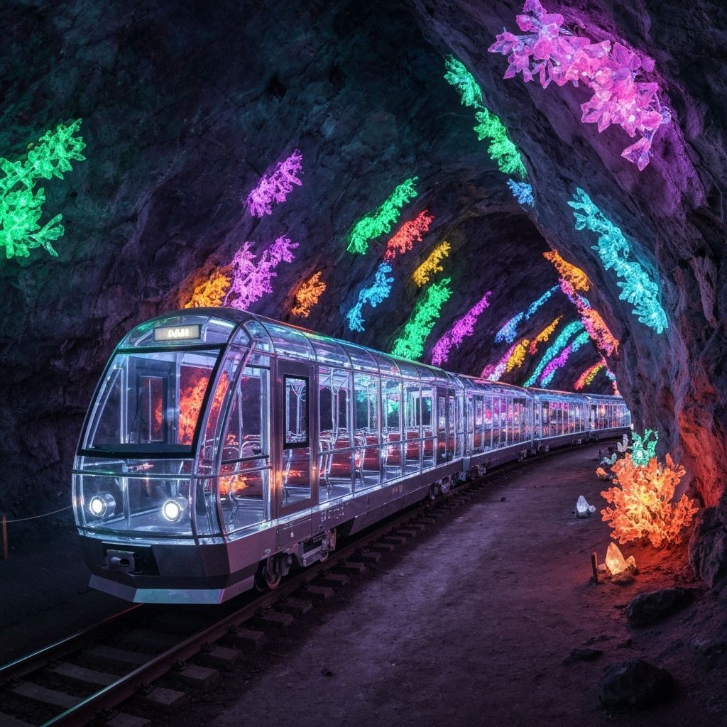 Glass Train Journey Through Bioluminescent Crystal Caves
