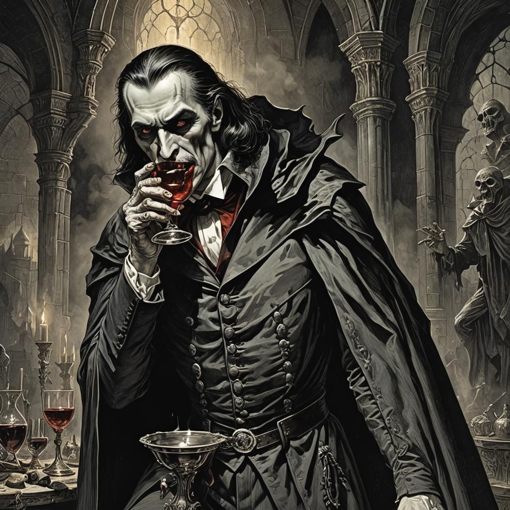 Dracula Drinks Blood: A Gothic Horror Scene