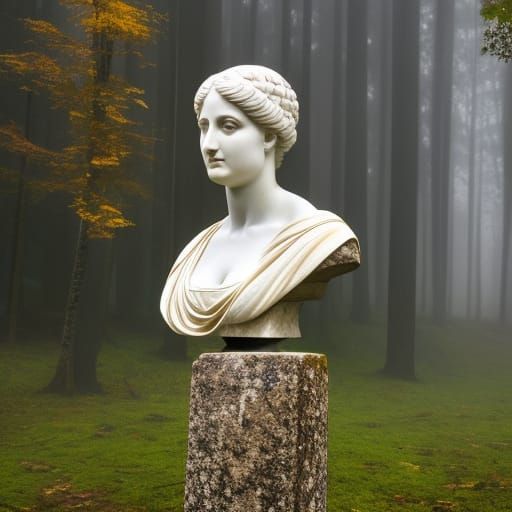 Roman Woman Marble Bust in Autumn Forest