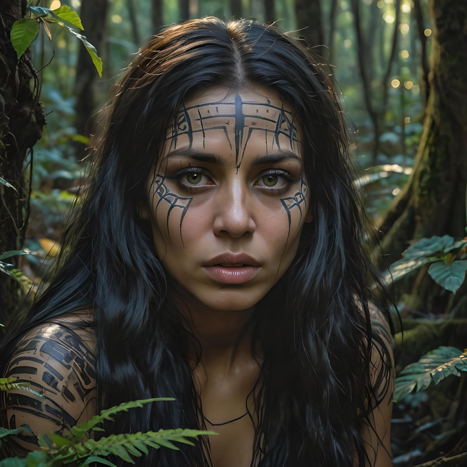 Moody Hyperrealistic Tribal Woman in Twilight Forest