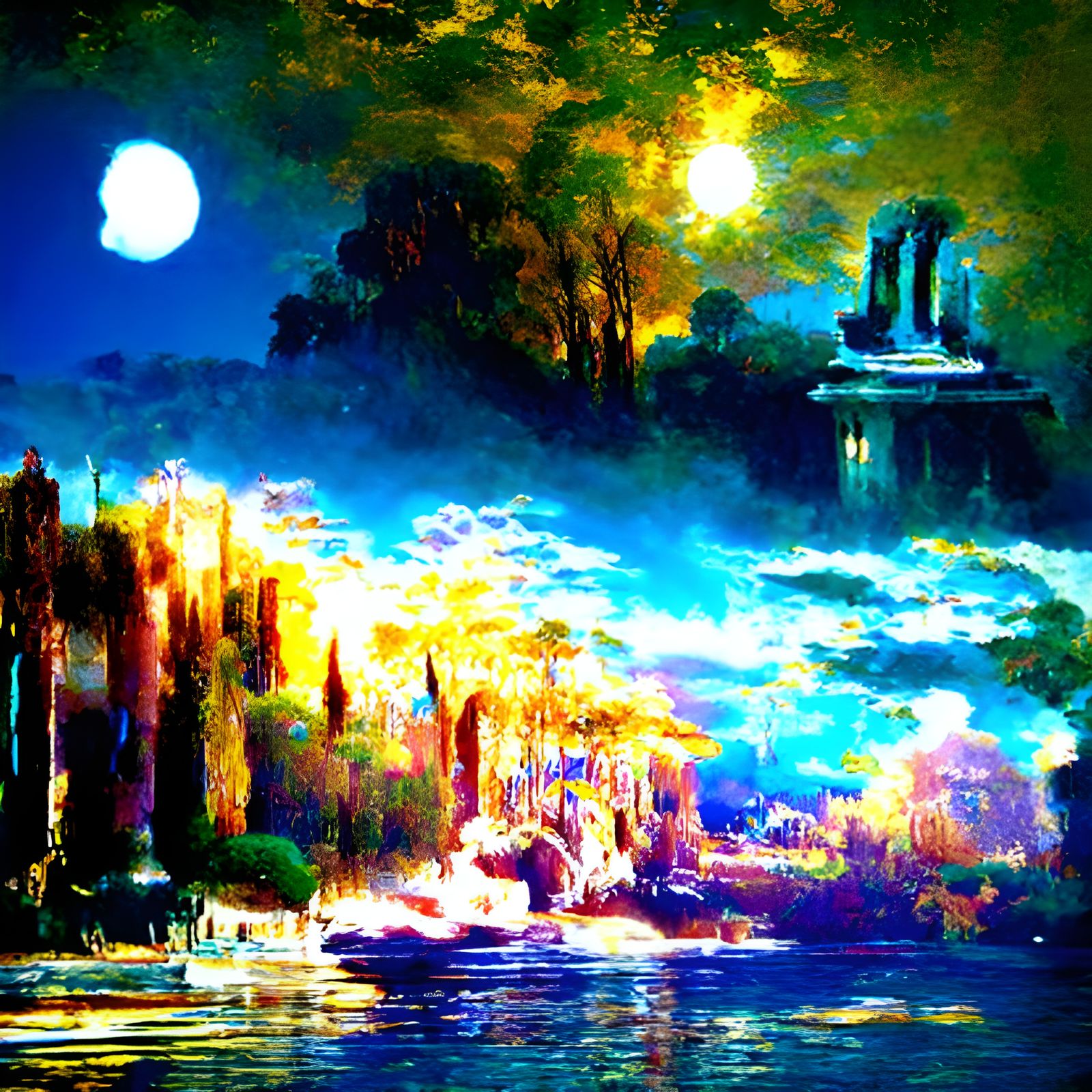 Ethereal Moonlit Landscape with Lily in Vaporwave Style