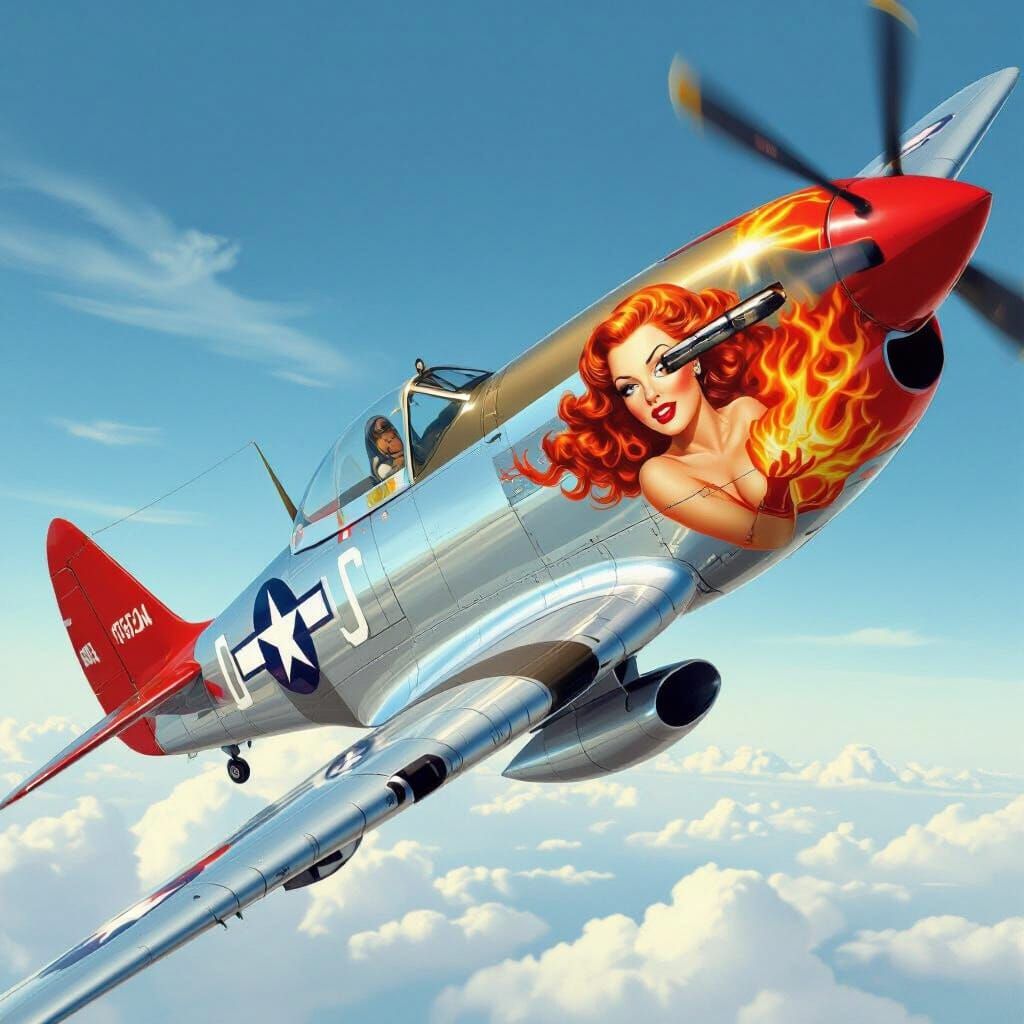 P-40 Warhawk with Fiery Pin-Up Art in Clear Sky