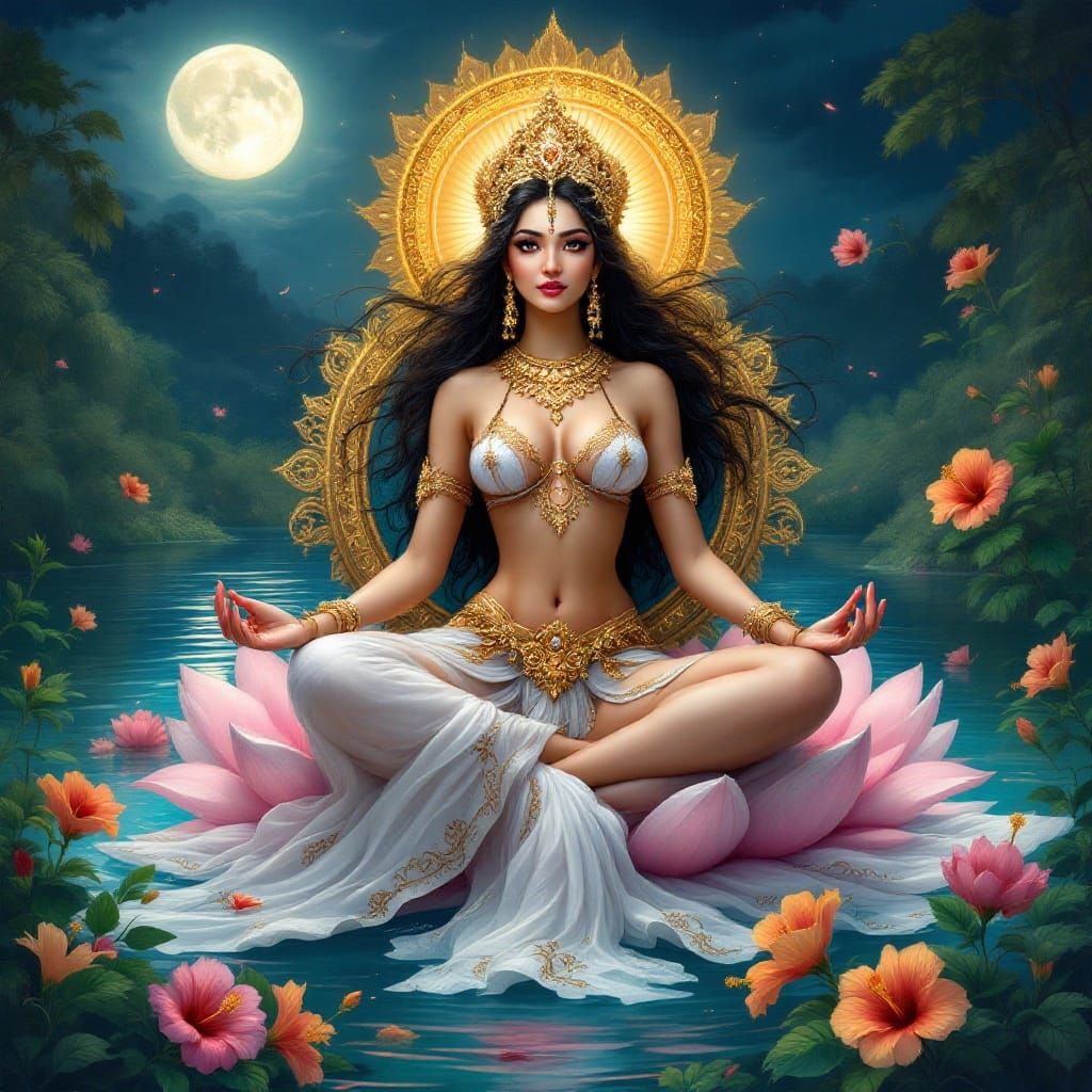 Indian Goddess Saraswati in Vibrant Folk Art Style