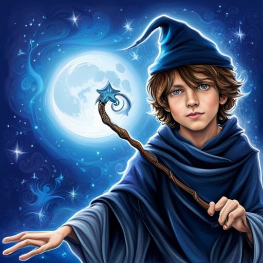 Friendly Young Wizard Boy with Staff in Zentangle Style