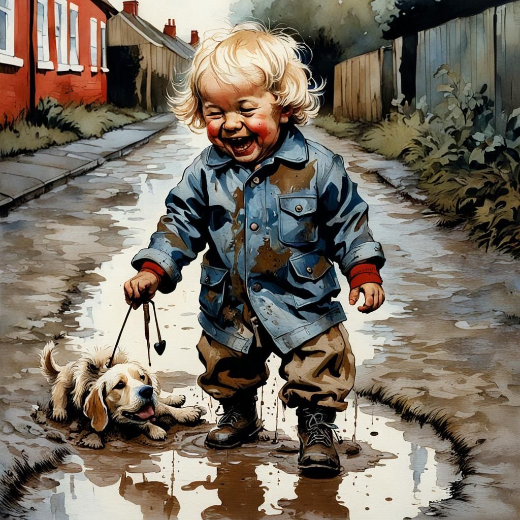 Toddler and Dog Play in Mud, Comic Art Style