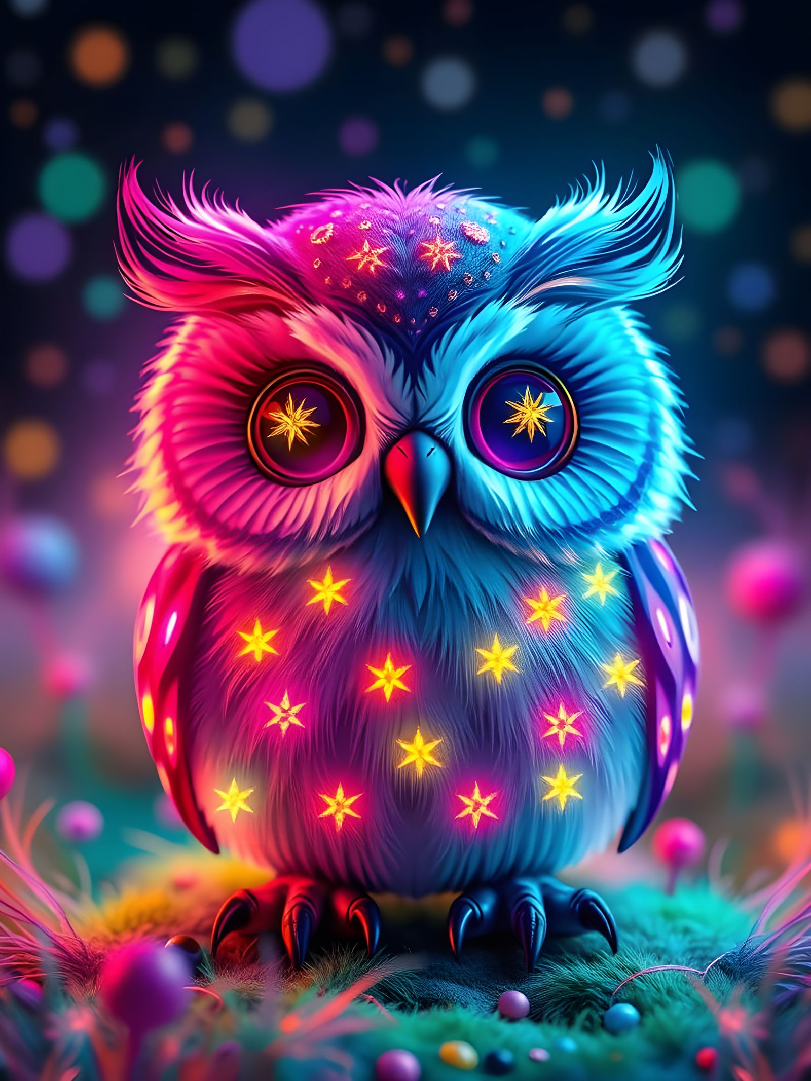Whimsical Starlit Owl in Vibrant Psychedelic Landscape
