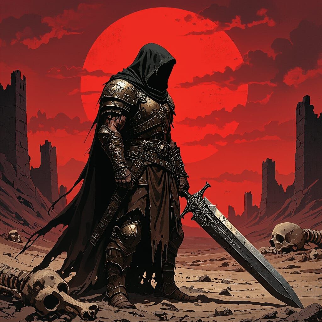 Warrior Silhouette with Greatsword in Gothic Style